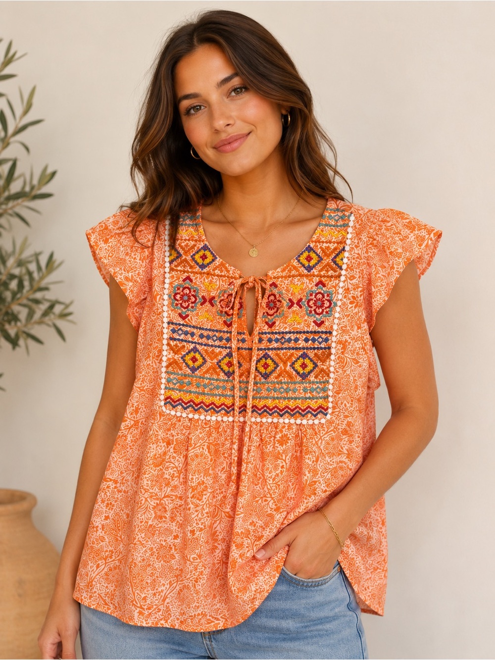 Savanna Jane Orange Embroidered Peasant Blouse